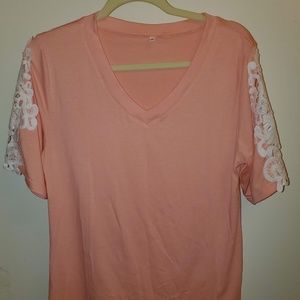 Medium Coral/Peach Short Sleeve V-Neck with Lace
